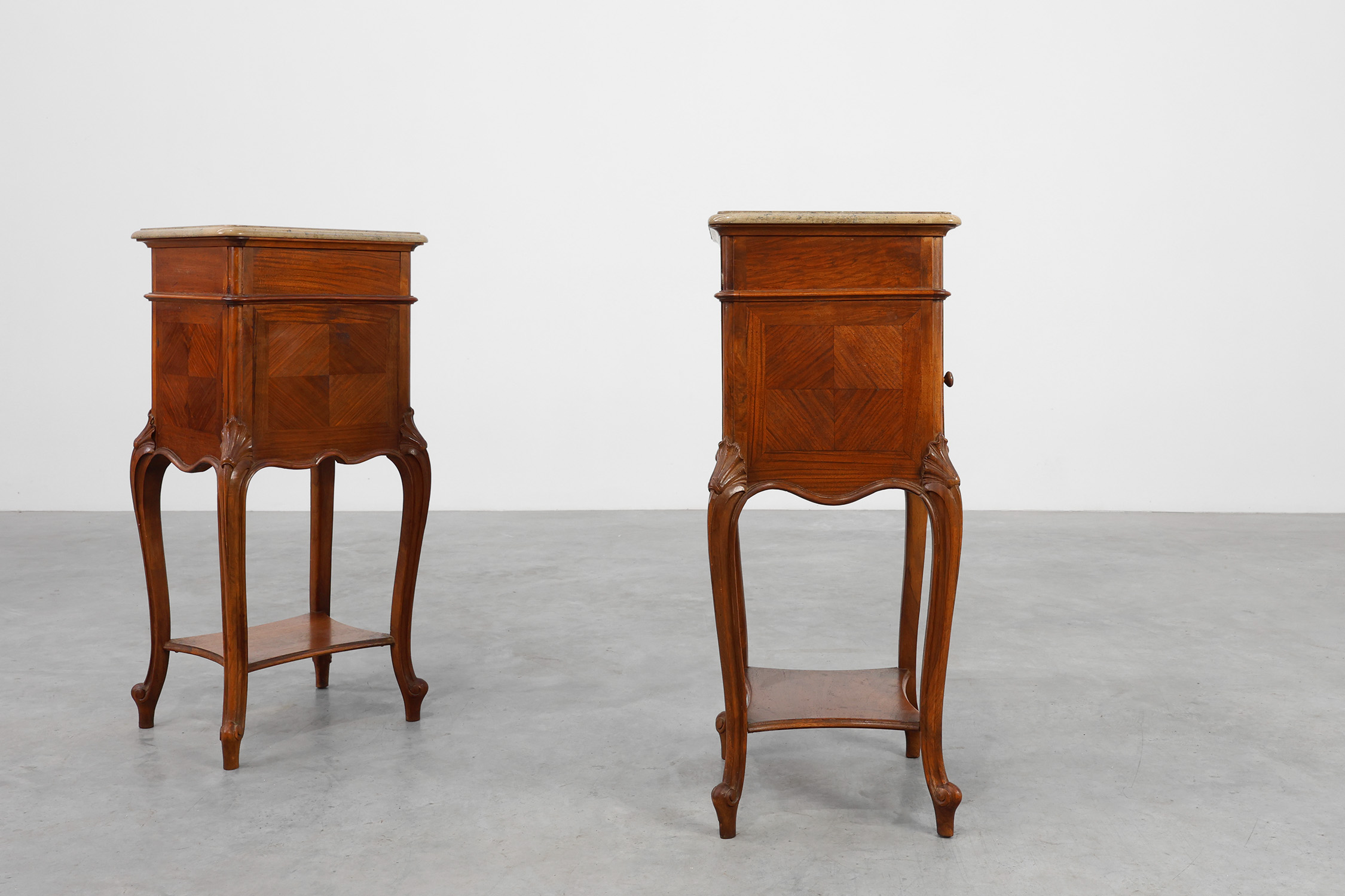 Pair Louis XV‑Style Nightstands with Marble Tops, France ca. 1900thumbnail